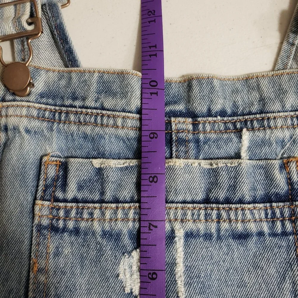 F21 Distressed Denim Overall Jumper Dress Pockets Light Blue MIni Size M - Picture 12 of 12